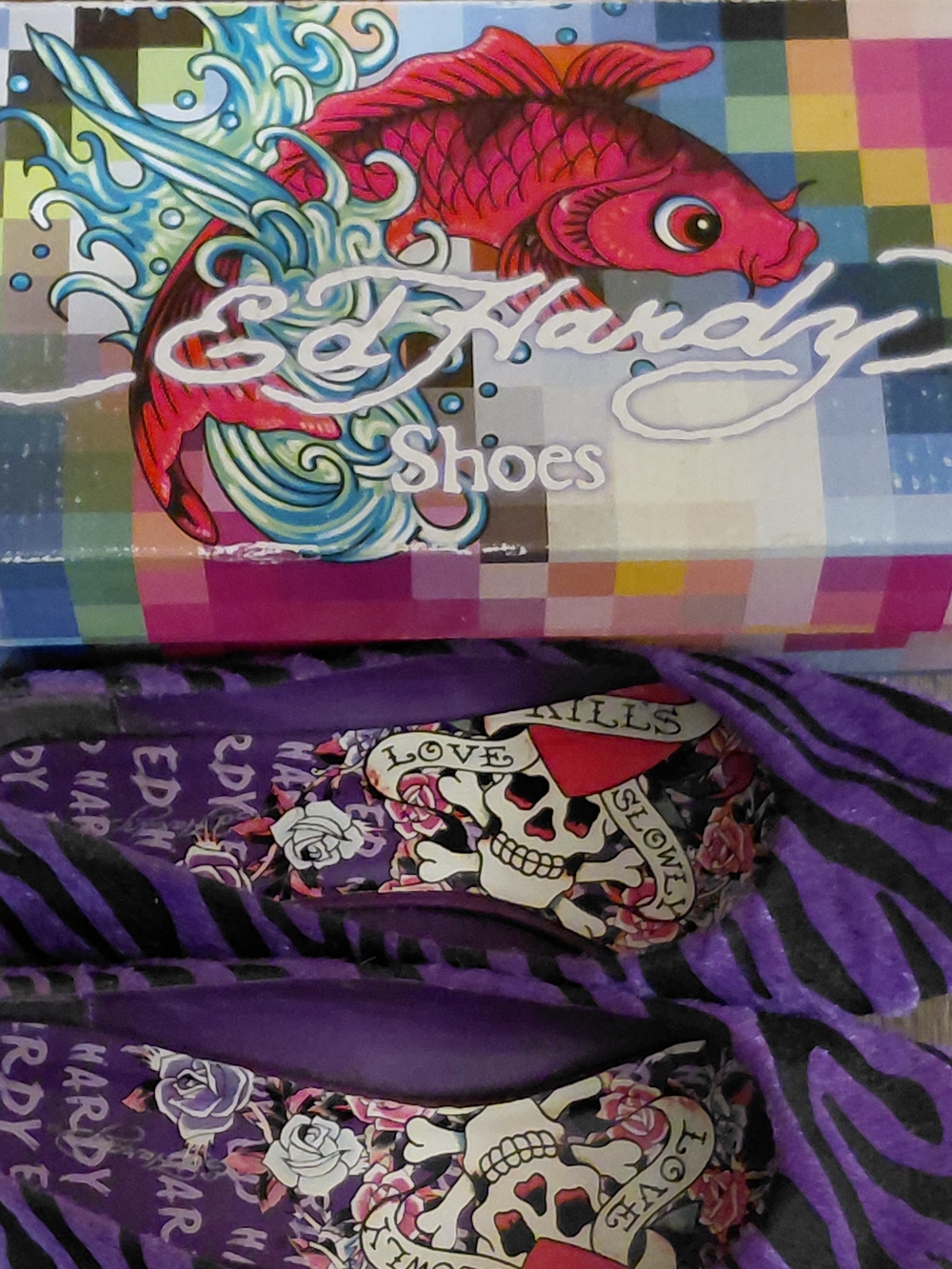 Ed Hardy Downtown Flat Ballet Purple & Black Zebra Y2K Print # 10FDT102W Sz 10 - Picture 3 of 10